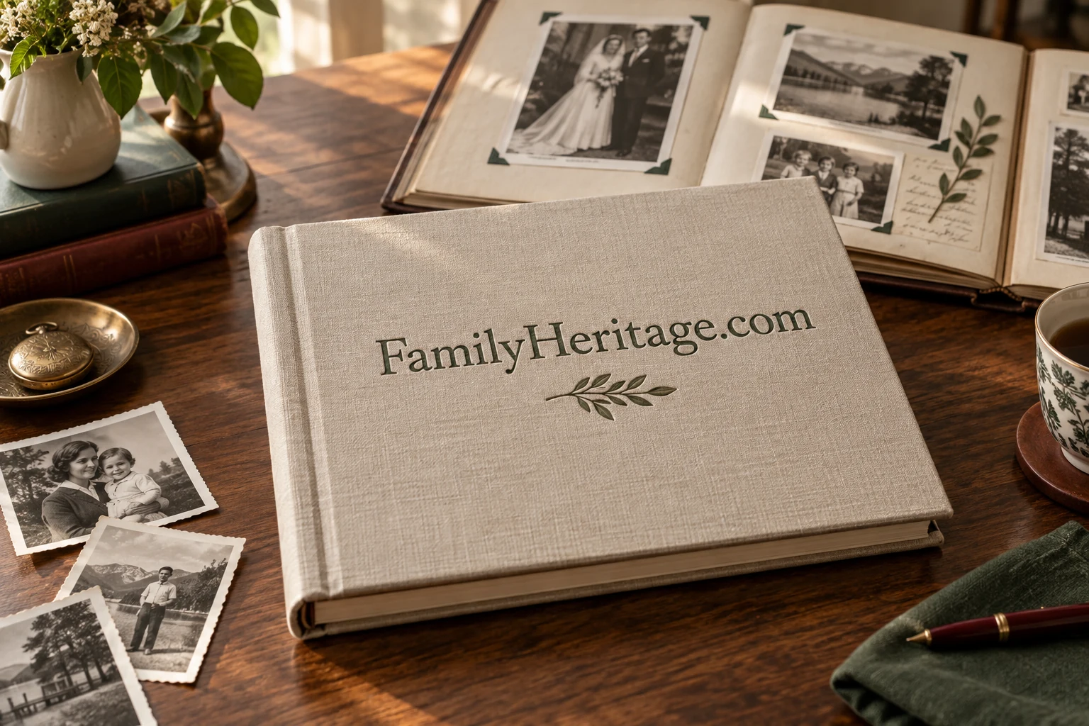 FamilyHeritage.com on a linen family album surrounded by photographs
